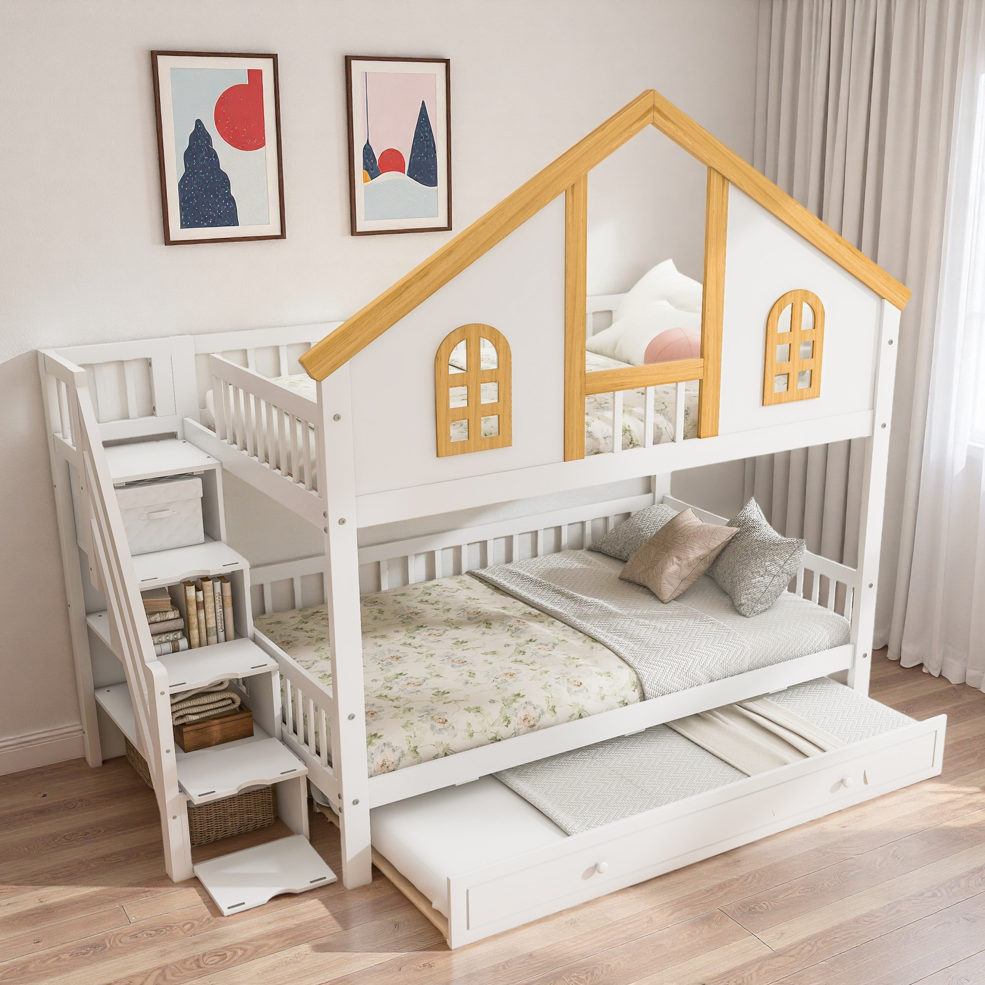 Harper Orchard Wooden Bunk Bed With Storage Staircase, Trundle, House ...