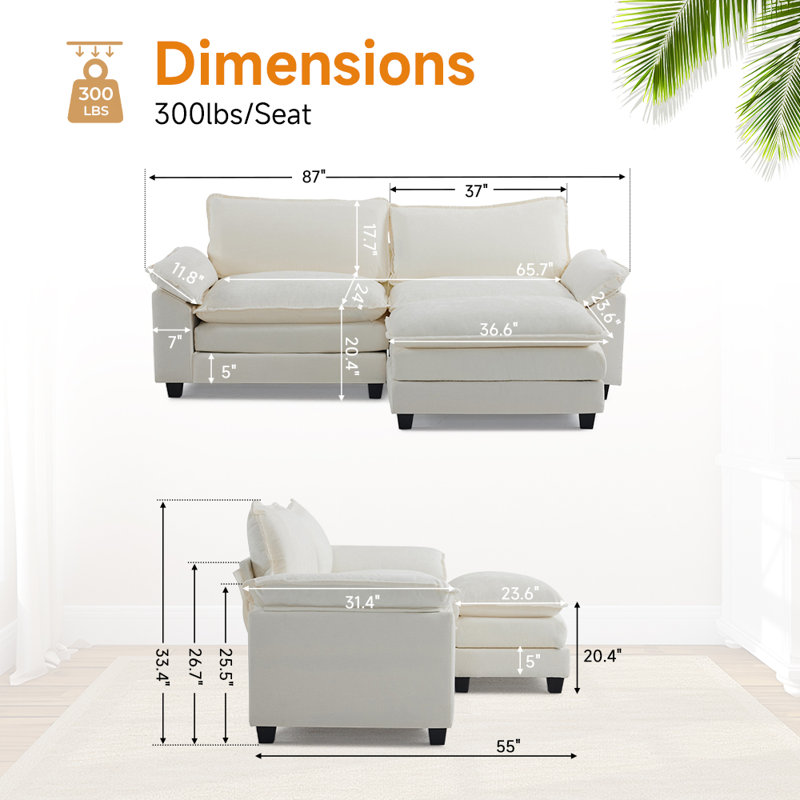 85.4 In'' Multi-Layer Cushion Loveseats With Ottoman, Beige Chenille