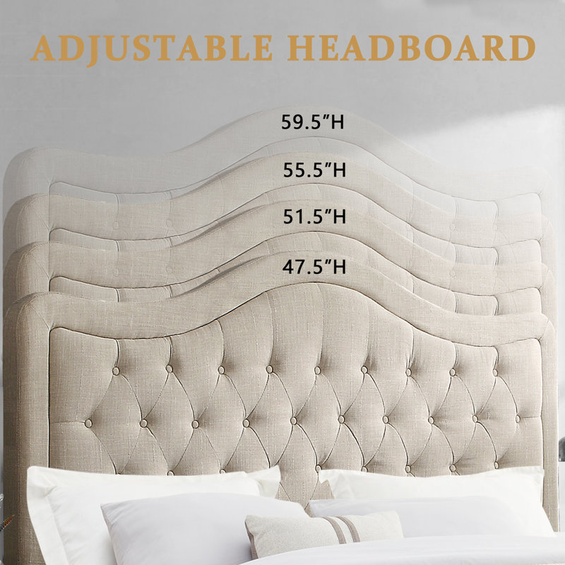 Structure de lit rembourrée en tissu avec tête de lit réglable, support à lattes de bois, lit plateforme capitonné, Beige