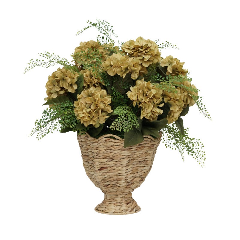 30 po hortensia vert doré dans un panier en jacinthe naturelle