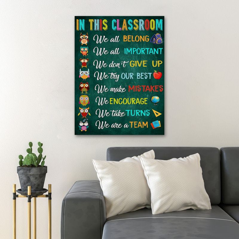 «Owl Rules for Classroom - In This Classroom, We All Belong, We Are a Team», impression sur toile tendue