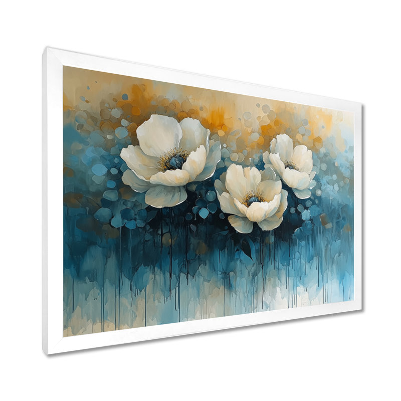 Grandes pivoines blanches et bleues - pivoines, art mural, H 24 po x l 32 po, Cadre simple blanc