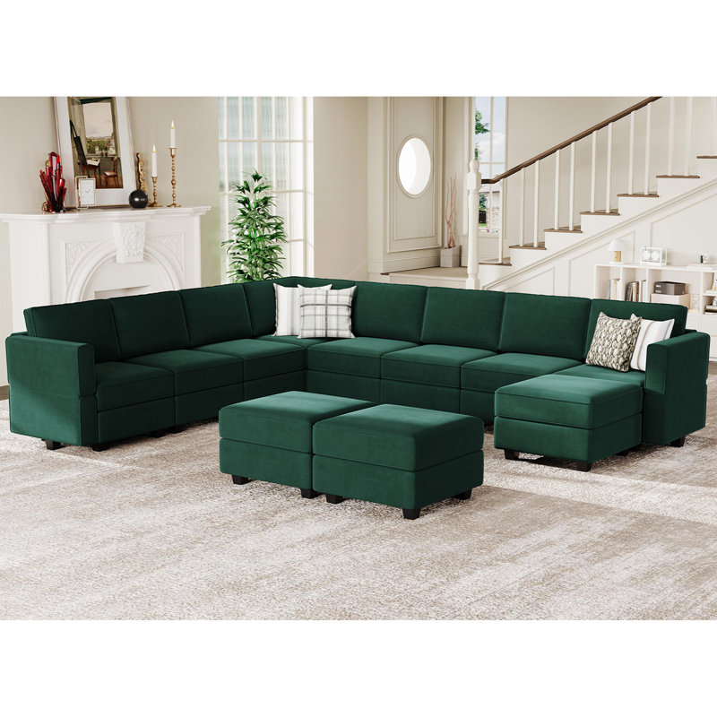 Wylodene 143" W Velvet Modular Sectional Sofa, Green Velvet