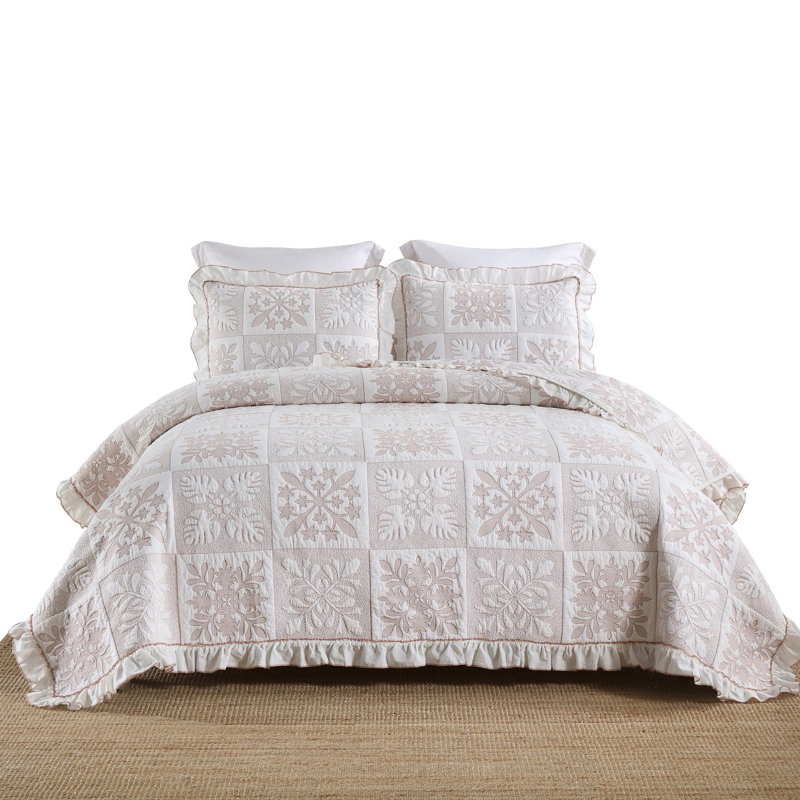 MarCielo 3 Piece Cotton Oversized Bedspread Set Coverlet Set Lightweight Quilt Set TJ, Beige Abstract