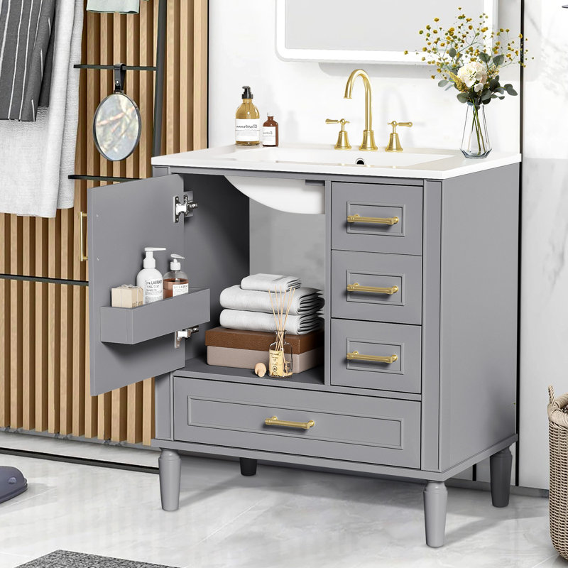 Meuble-lavabo moderne avec lavabo en céramique, Gris