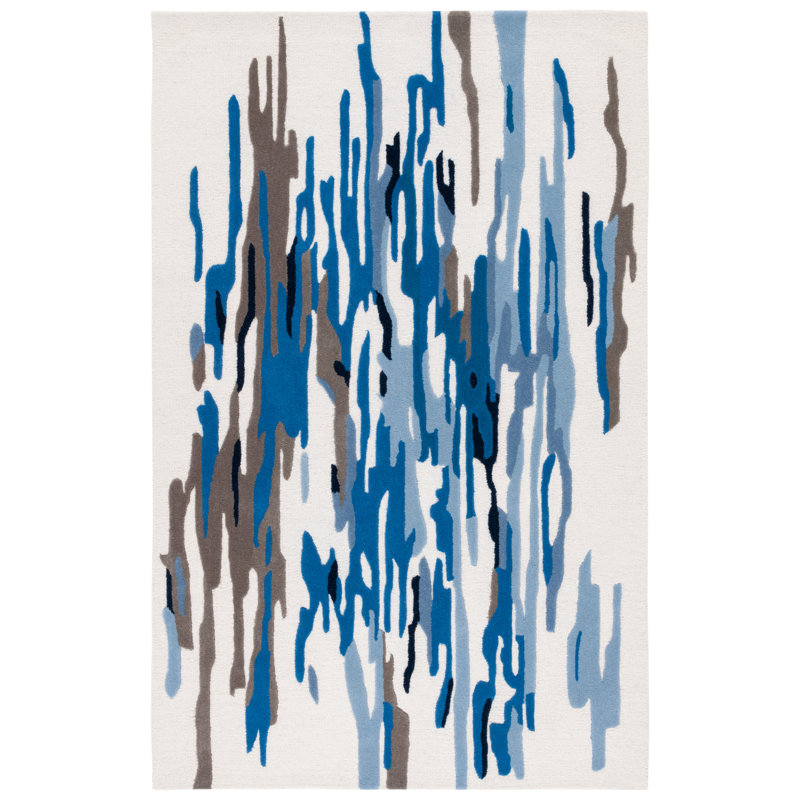 Tapis bleu / ivoire en laine / coton touffeté à la main Rodeo Drive, Rectangle 4pi x 6 pi