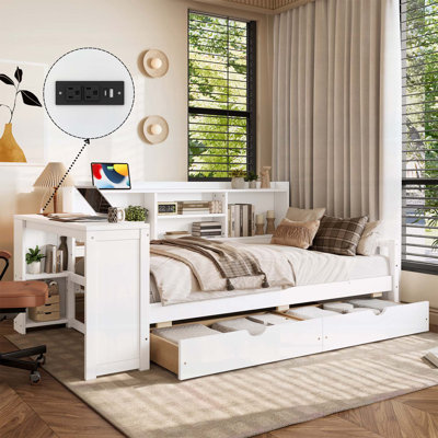 Lit de jour d'angle avec rangement, bureau, port de charge et bibliothèque pour une vie moderne et une utilisation efficace de l'espace