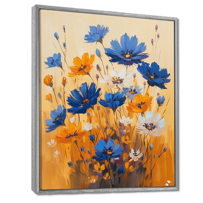 «Yellow Blue Radiant Bloom Cornflowers In Farm IV», impression d'art mural, Toile argentée avec cadre flottant