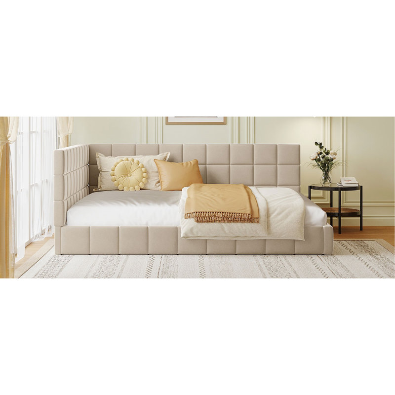 Beige Velvet Daybed/ Bed Full Size - Classic Design, Comfy For Bedroom, With Support Slats Included Upholstered In Mid-Century Style, Suits Home , Wood Frame Kit