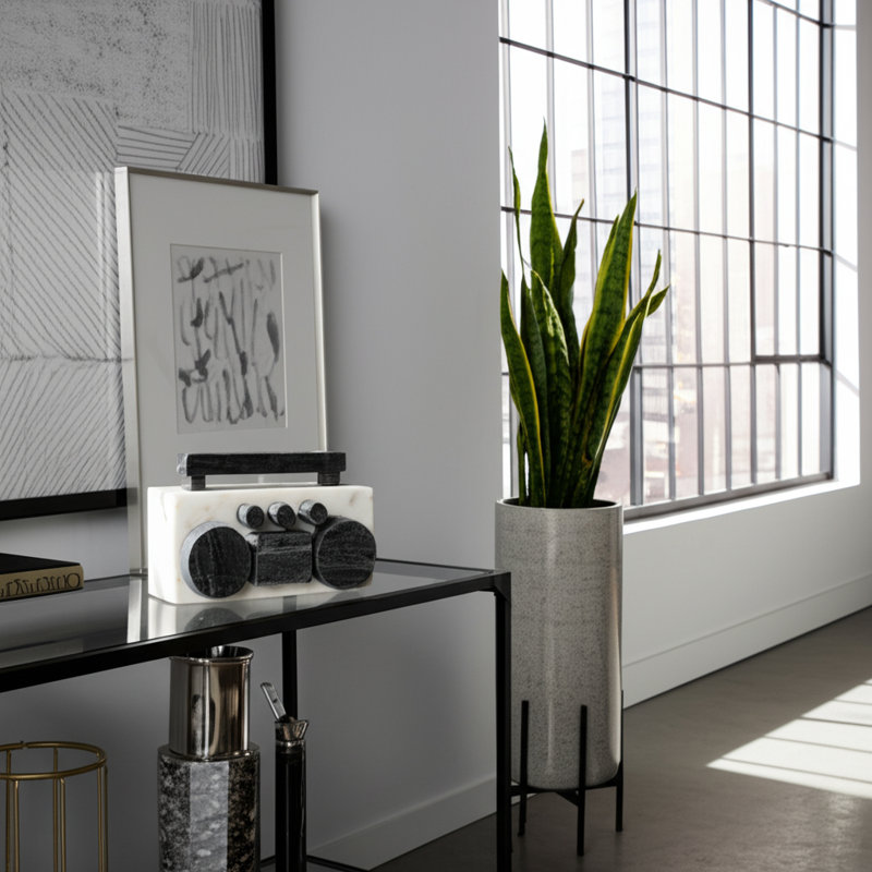 Marble Boom Box Figurine with Contemporary Design, 8" Black and White Sculpture, Decorations for Living Room, Office, or Bedroom