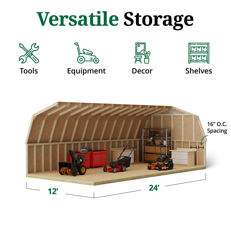 Classic Gambrel Outdoor Wood Storage Barn with 4 ft. Sidewalls, 12' x 24', Yes