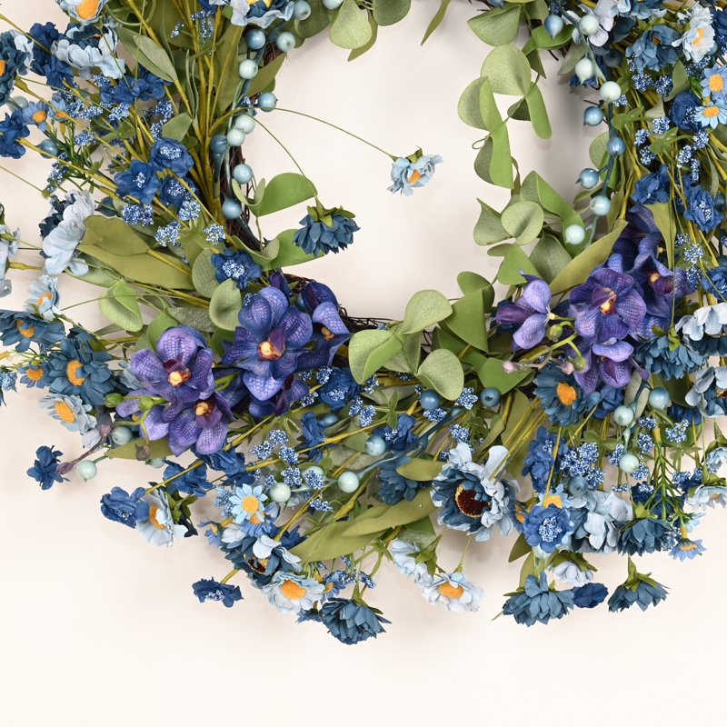 Couronne de fleurs artificielle 24 po avec grappe de baies et de verdure pour l'été, Vert/bleu