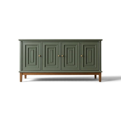 Sage Green Accent Cabinet - 70" Solid Pine 4-Door Sideboard with Brass Knobs