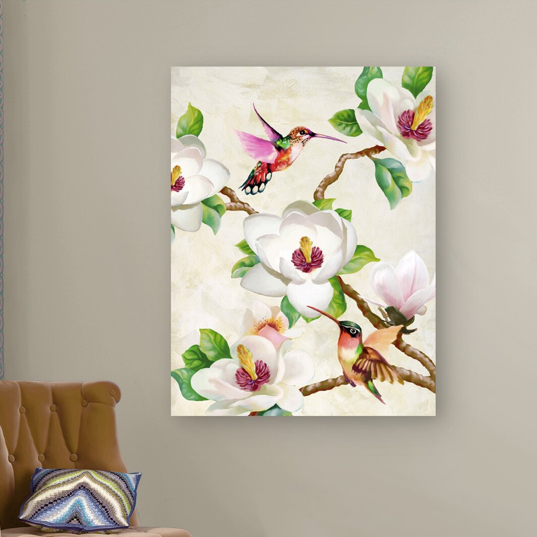 Gerahmtes Leinwandbild - Gemälde „Magnolia and Humming Birds” von Terry Wang