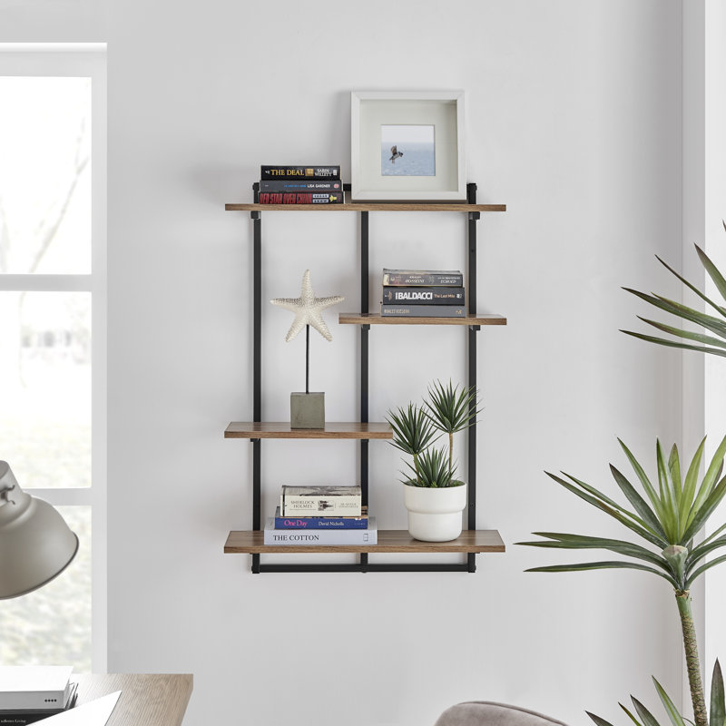 Rhodes 4 Tier Modern Floating Windowsill Wall Shelf, Black/Light Walnut