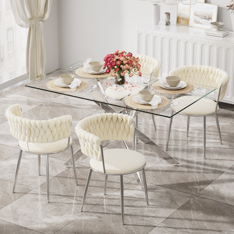 Clear Rectangle Pedestal Dining Set with Weaven Velvet Dininig Chair, 5 Pieces: Table, 4 Chairs, 29.3"H x 51"L x 29.5"W