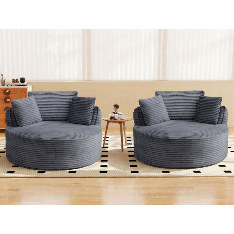 2 Pieces - 53" Oversized Round Accent Chair – Plush Corduroy Upholstery Compression Chaise Longue Chair Indoor, Gray