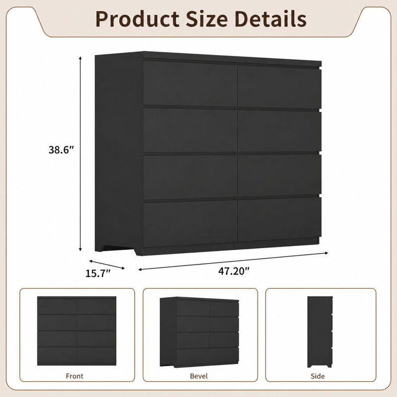8 Drawer Tall Dresser Storage Chest, Spacious Wooden Drawer Organizer Unit with Sturdy Construction, Freestanding Storage Furniture