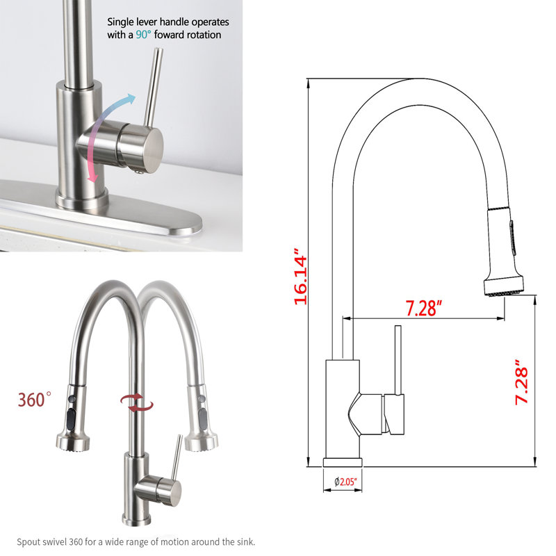Robinet de cuisine rétractable à un trou, Nickel brossé