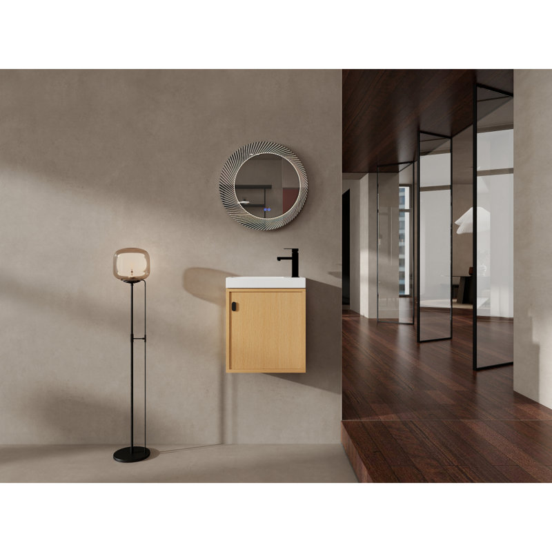 Meuble-lavabo mural 18,5 po avec lavabo en résine, porte simple à fermeture douce, panneau de fibres à densité moyenne, bois naturel (KD-Packing)