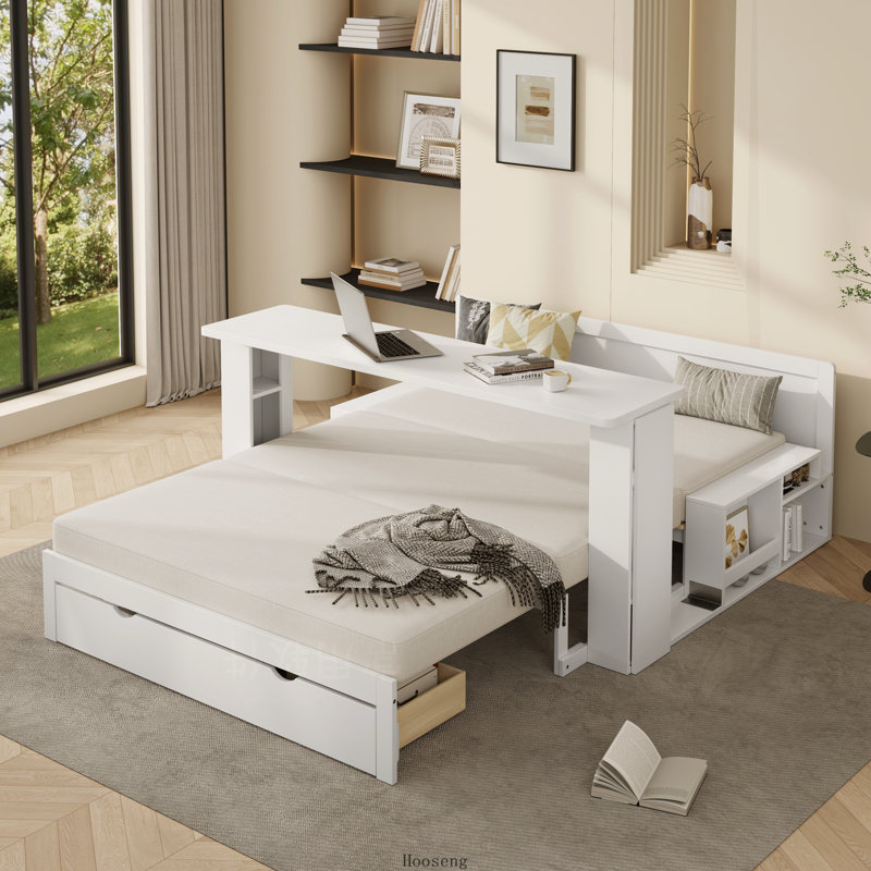Lit double avec bureau amovible, tiroirs de rangement et table d'appoint hydraulique, blanc, Double, Blanc