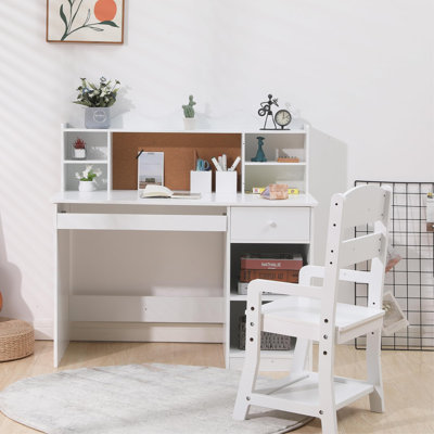 Kids Desk and Chair Set, Adjustable Study Table with Hutch, Cork Board, Keyboard Tray and Storage for Students Children