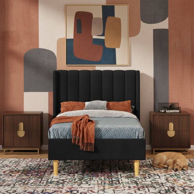 Base de lit tapissier avec tête de lit à oreilles Deeb, Simple, Velours noir