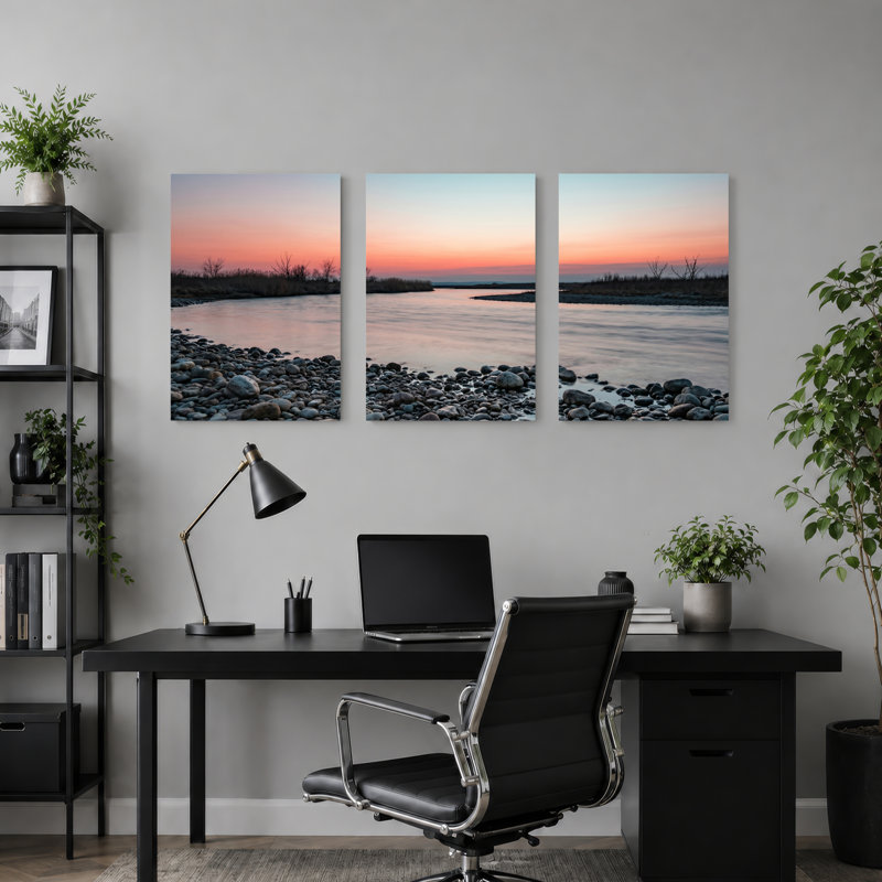 Ensemble de 3 tableaux sur toile représentant une rivière au coucher du soleil, pour la décoration du salon, de la chambre et de la maison.