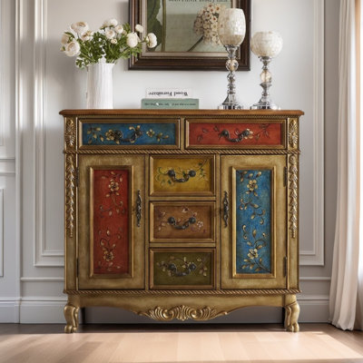 Vintage Art Hand-Painted Carved Accent Cabinet