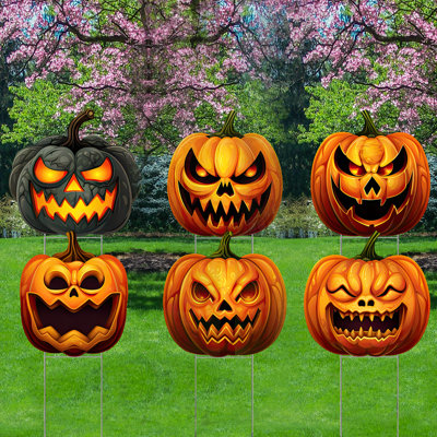 98E38977D94D40AEA83026F354AA2F7A Halloween Scary Spooky Pumpkin Jack O Lantern 6Pack Waterproof Coroplast Plastic Yard Sign Lawn Sign