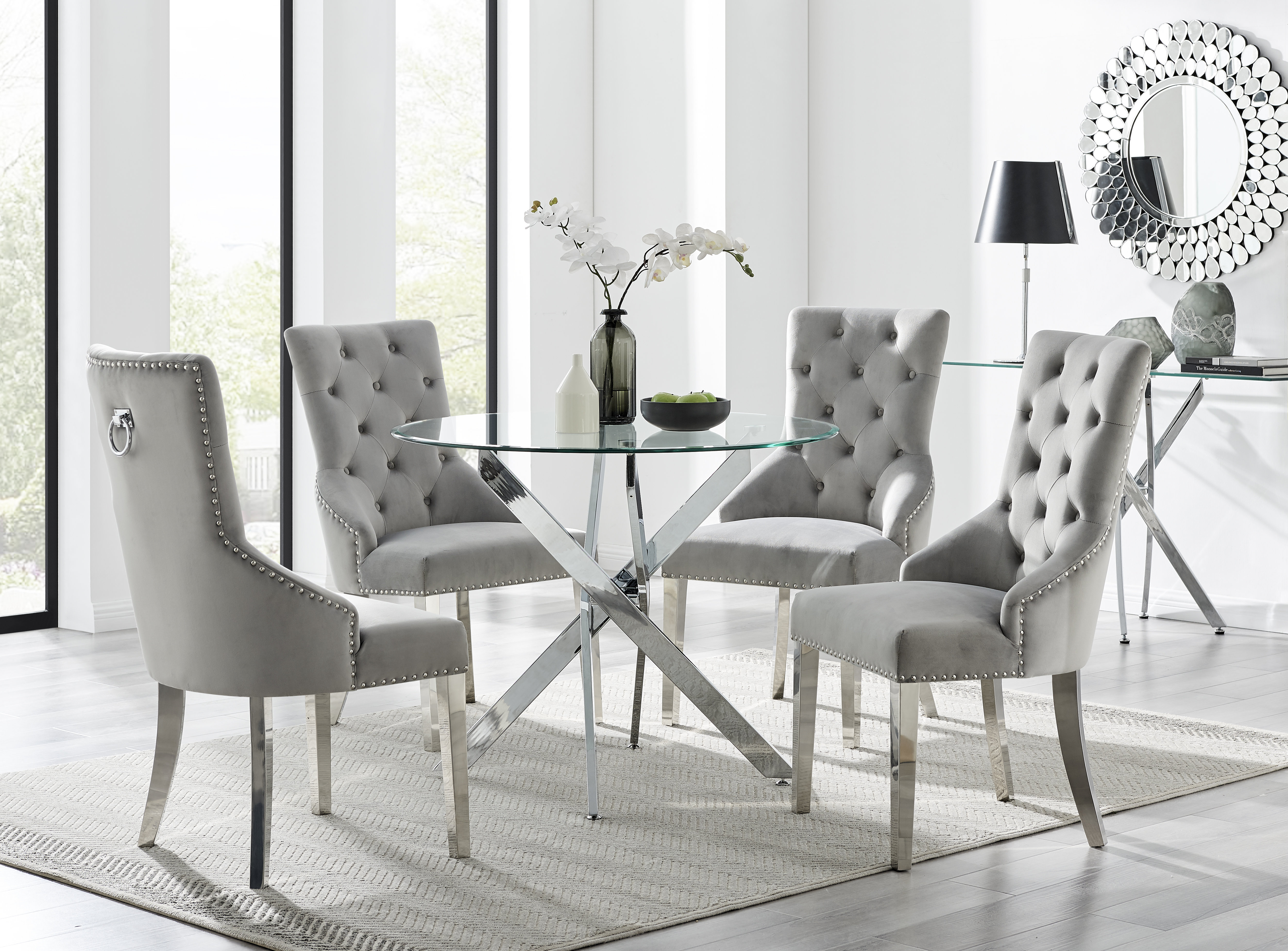 Round glass dining table and chairs sales