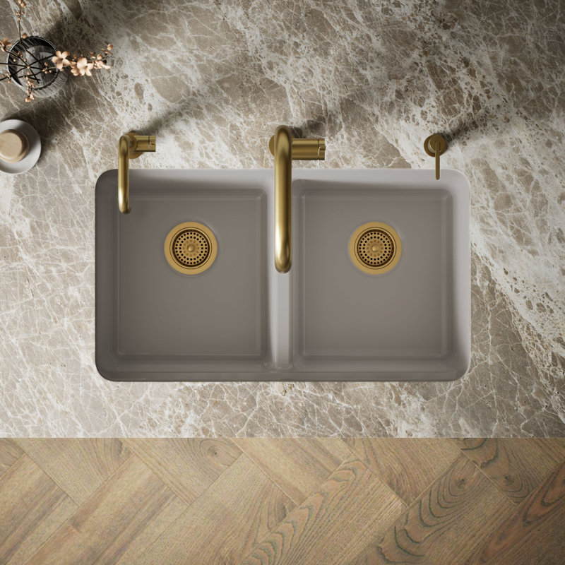 Riverby 33" Enameled Cast Iron Undermount Double Basin Kitchen Sink, Truffle