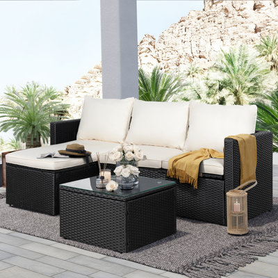 Patio Furniture Set 3 Piece Outdoor Sectional Patio Sofa, All-Weather Wicker Rattan Outdoor Furniture Set With Glass Table And Cushions by Ebern Designs