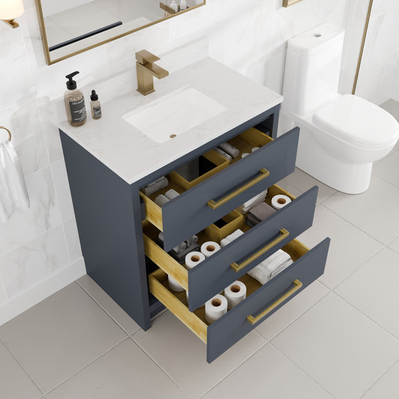 Ilsa 30"W X 18"D Bathroom Vanity With White Carrara Quartz Countertop And Undermount Porcelain Sink, Dark Blue