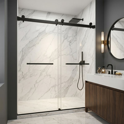62–66" W x 76" H Modern Frameless Double Sliding Shower Door with 3/8" Tempered Glass  and Stainless Steel Hardware, Matte Black