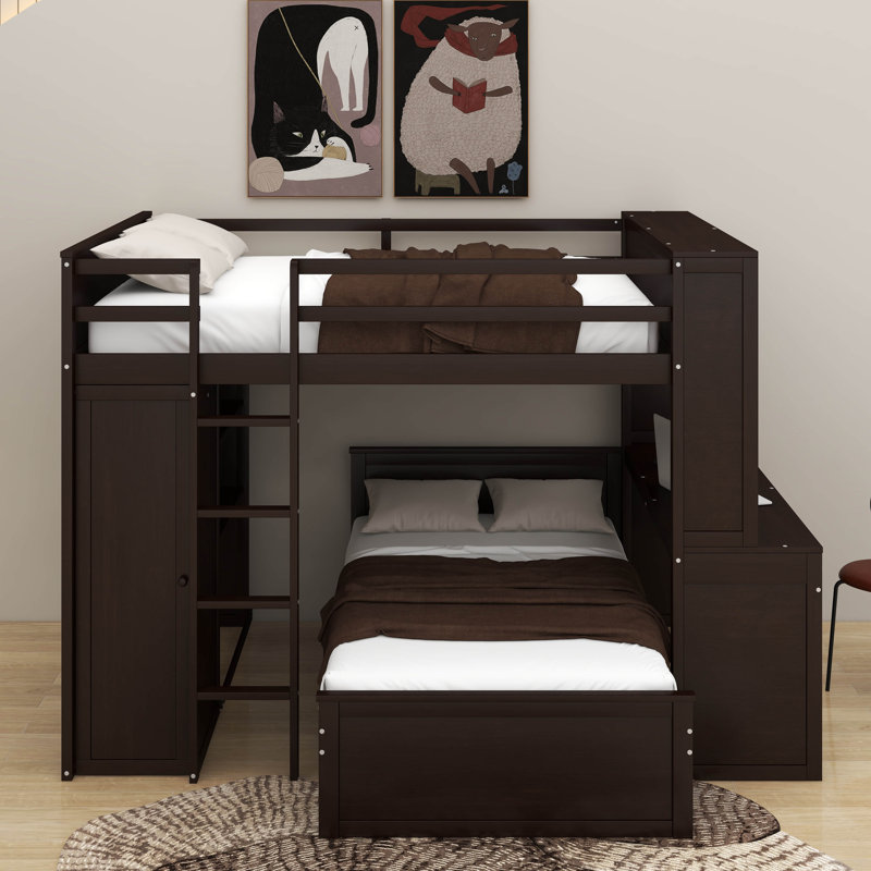 Lit mezzanine double avec lit autonome, tablettes, bureau et garde-robe, Espresso