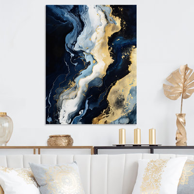 Gold And Blue Abstract Liquid Ink Serenade Of Swirls II - Liquid Ink Abstract Metal Wall Art