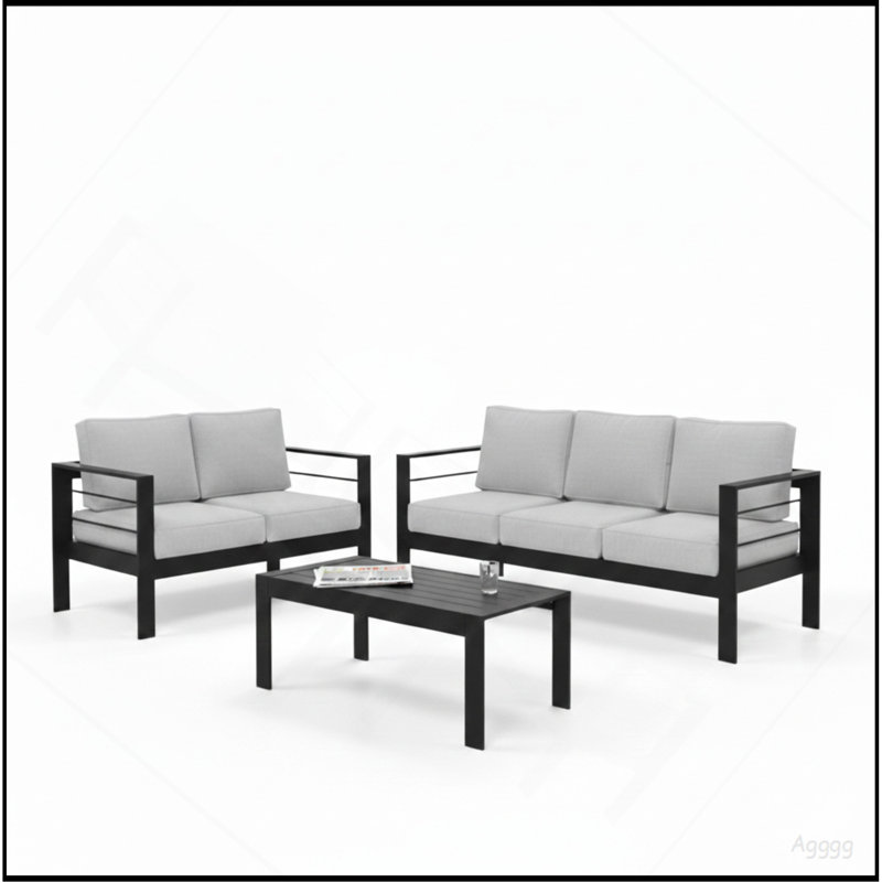 3-Piece Modern Aluminum Patio Conversation Set, 5-Seat Outdoor Sofa with  Thick Light Gray Cushions & Black Frame and Coffee Table