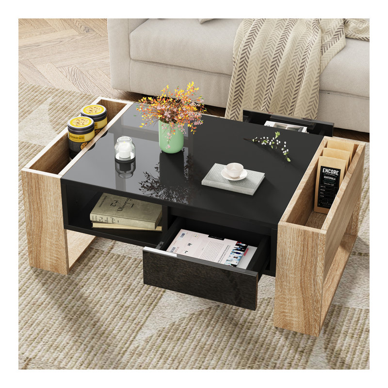 Table basse haute brillance avec 2 tiroirs, table centrale pratique à deux tons avec compartiments cachés, table basse rectangulaire avec tablette de rangement ouverte pour le salon, la chambre à coucher, noir, 41,3 x 23,6 po