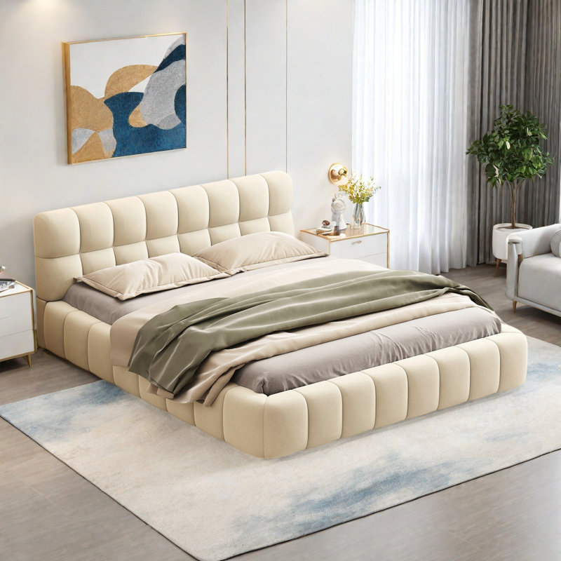 Élégant lit plateforme tapissier avec tissu épais, lit avec base solide, Beige
