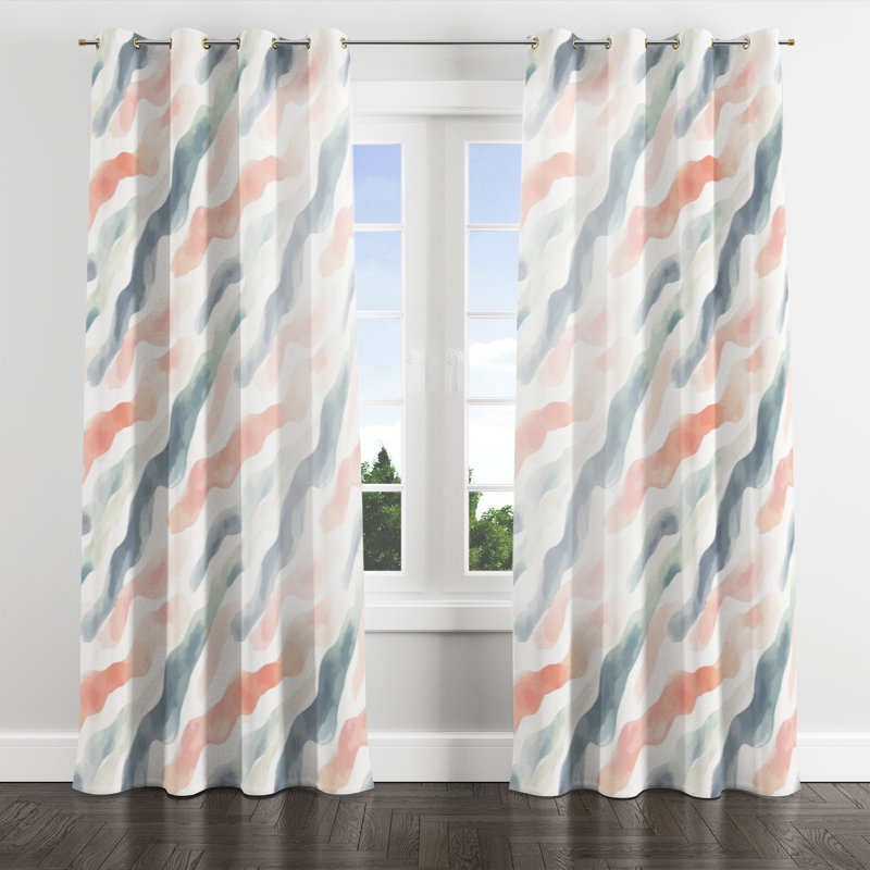 Coastal Curtains for bedroom - Coral Wave Soft Stripes Grommet Curtain - 1 Panel, Gold Grommets, 52" W x 120" L