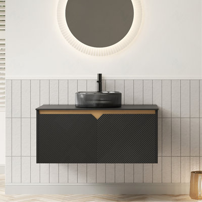 Meuble-lavabo 36 po, meuble de rangement mural en contreplaqué flottant, portes doubles en sergé avec garniture en métal, lavabo rond en verre noir transparent et plateau en pierre frittée noire, noir