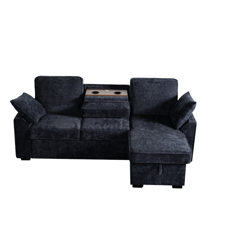 3 - Seat Dark Blue Chenille Sectional With Built In Cup Holder, Removable Tray And Hidden Storage, Ideal For Game Nights Holders, Convertible Storage Chaise Modular Layout, Seats