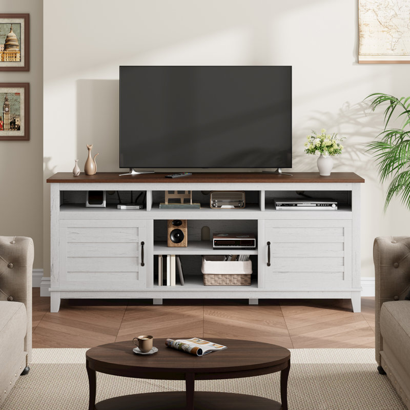 70.9" TV Stand, Entertainment Center with Adjustable Shelves, Farmhouse TV Stand with Cabinet Doors for Living Room, Bedroom, White