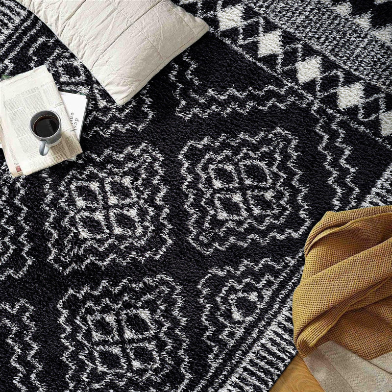 Tapis à poil long géométrique gris anthracite foncé - velours moyen, texture douce, adapté aux enfants, Rectangle 4pi x 6 pi