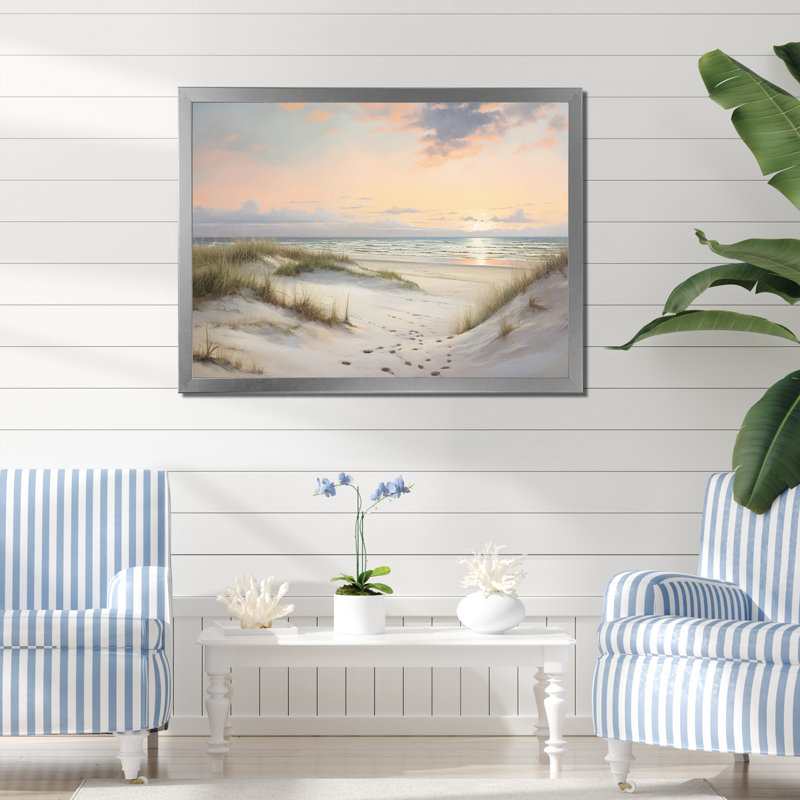Beach Serenity - Doux rose pastel lever de soleil I - impression, H 34 po x l 44 po x P 1,5 po, Cadre simple argenté