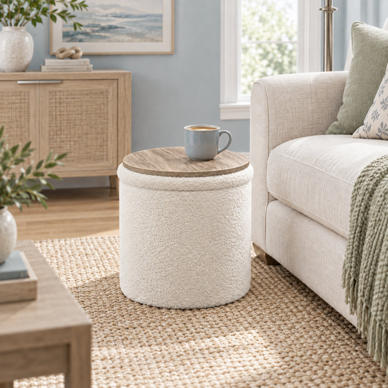 Repose-pieds rond avec rangement de 16,9 pouces de hauteur, Ourson blanc
