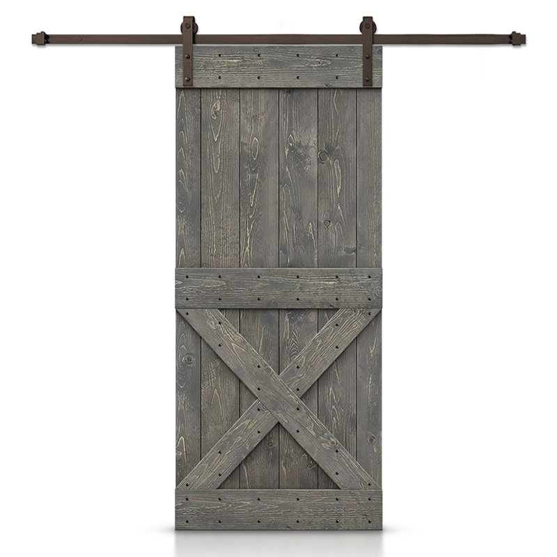 Porte de grange à panneaux et en bois avec quincaillerie d'installation, 44 po x 84 po, Gris patiné, Bronze huilé