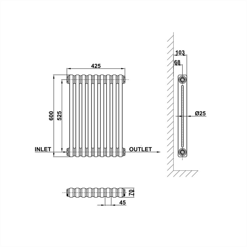 Traditional 2 3 Column Radiator Cast Iron Style Heating, 60cm H x 42.5cm W x 7cm D, White