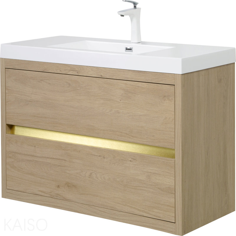 Meuble-lavabo mural 48 po avec lavabo, meuble de rangement flottant pour salle de bain avec comptoir en résine de pierre et tiroirs à fermeture en douceur, chêne naturel entièrement assemblé